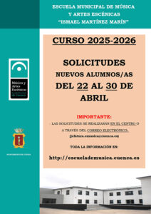 Este martes 22 de abril arranca el plazo para nuevas inscripciones en la Escuela Municipal de Música y Artes Escénicas de Cuenca