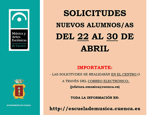 Este martes 22 de abril arranca el plazo para nuevas inscripciones en la Escuela Municipal de Música y Artes Escénicas de Cuenca 1 Este martes 22 de abril arranca el plazo para nuevas inscripciones en la Escuela Municipal de Música y Artes Escénicas de Cuenca