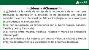 Interrumpido el tráfico de alta velocidad entre Madrid, Valencia, Alicante y Murcia desde la estación de Chamartín-Clara Campoamor