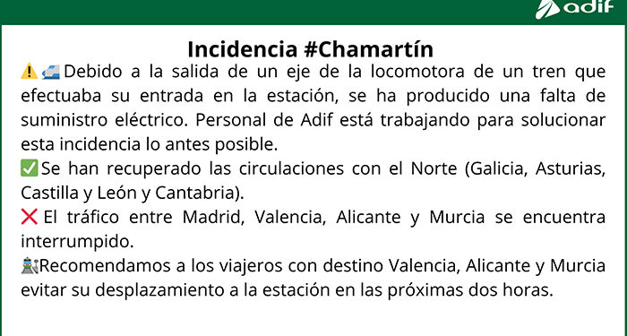 Interrumpido el tráfico de alta velocidad entre Madrid, Valencia, Alicante y Murcia desde la estación de Chamartín-Clara Campoamor