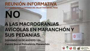 La Plataforma para la Defensa del Valle y Hoces del Mesa convoca una mesa informativa para debatir sobre el proyecto de macrogranjas avícolas en Maranchón 2 La Plataforma para la Defensa del Valle y Hoces del Mesa convoca una mesa informativa para debatir sobre el proyecto de macrogranjas avícolas en Maranchón