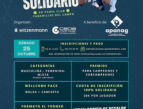 El torneo de pádel solidario de Witzenmann y CEOE-Cepyme Guadalajara a beneficio de APANAG tendrá lugar el próximo 25 de octubre 1 El torneo de pádel solidario de Witzenmann y CEOE-Cepyme Guadalajara a beneficio de APANAG tendrá lugar el próximo 25 de octubre