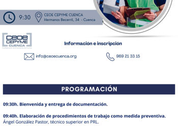La Confederación de Empresarios de Cuenca invita a empresas y profesionales a participar en esta charla de prevención de riesgos laborales en su sede de Hermanos Becerril. La Confederación de Empresarios de Cuenca celebra el próximo jueves 9 de octubre una jornada técnica de prevención de riesgos laborales en la sede de esta organización, en la calle Hermanos Becerril número 34. Esta jornada titulada ‘Elaboración de procedimientos de trabajo como medida preventiva’ está previsto que comience a partir de las 9:30 horas y se prolongue durante aproximadamente hora y media. Esta conferencia forma parte del trabajo que realiza CEOE CEPYME Cuenca en materia de prevención gracias al respaldo de CECAM y la Junta de Comunidades de Castilla-La Mancha. Están invitados a participar en esta jornada empresarios, técnicos en prevención y profesionales de las empresas, que pueden inscribirse en el correo electrónico info@ceoecuenca y en el teléfono 969 21 33 15. Con esta jornada la Confederación de Empresarios de Cuenca continua con su trabajo y compromiso en materia de Prevención de Riesgos Laborales trabajando en el asesoramiento de empresas, con visitas, también en comunicación de las ayudas en esta materia, así como otras acciones de formación. Programa La jornada está previsto que comience a las 9:30 horas con la bienvenida a los asistentes y la entrega de documentación a todos los inscritos para que participen en la jornada. Poco después es el turno de la ponencia principal de esta jornada titulada ‘Elaboración de procedimientos de trabajo como medida preventiva’, a cargo de Ángel González Pastor, en su calidad de técnico superior en Prevención de Riesgos Laborales. La jornada finalizará, al terminar la presentación anterior, con la apertura de un turno de ruegos y preguntas a todos los asistentes, mediante el que se intentarán solventar las dudas que los presentes tengan ante los contenidos expuestos y todo lo referente a los procedimientos de trabajo.
