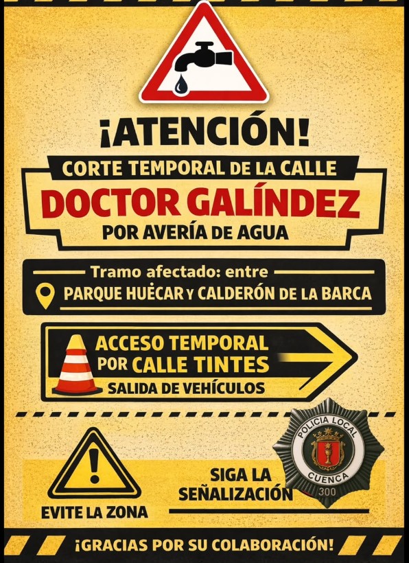 Corte de agua urgente en la calle Doctor Galíndez de Cuenca: horarios del suministro para esta Nochevieja 2 Corte de agua urgente en la calle Doctor Galíndez de Cuenca horarios del suministro para esta Nochevieja