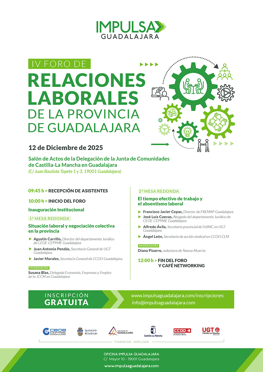 Impulsa Guadalajara organiza el IV Foro de Relaciones Laborales de la provincia el próximo 12 de diciembre 2 Impulsa Guadalajara organiza el IV Foro de Relaciones Laborales de la provincia el próximo 12 de diciembre