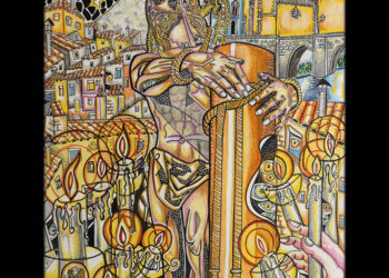 San Antón, la noche y la luz de los fieles en clave surrealista arropan al ‘Amarrao’ en el Cartel de su Vía Crucis diseñado por Bux