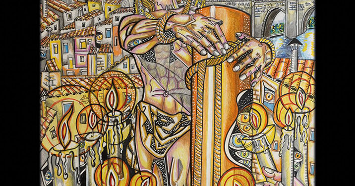 San Antón, la noche y la luz de los fieles en clave surrealista arropan al ‘Amarrao’ en el Cartel de su Vía Crucis diseñado por Bux