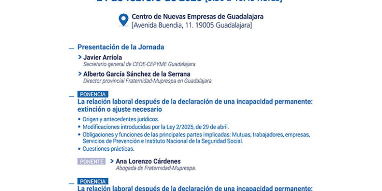 CEOE-CEPYME Guadalajara organiza una jornada sobre la relación laboral tras declararse una incapacidad permanente