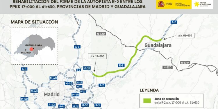 El Gobierno autoriza licitar por 21 millones de euros la rehabilitación de 45 km de firme de la R-2, entre el aeropuerto de Torrejón y Taracena