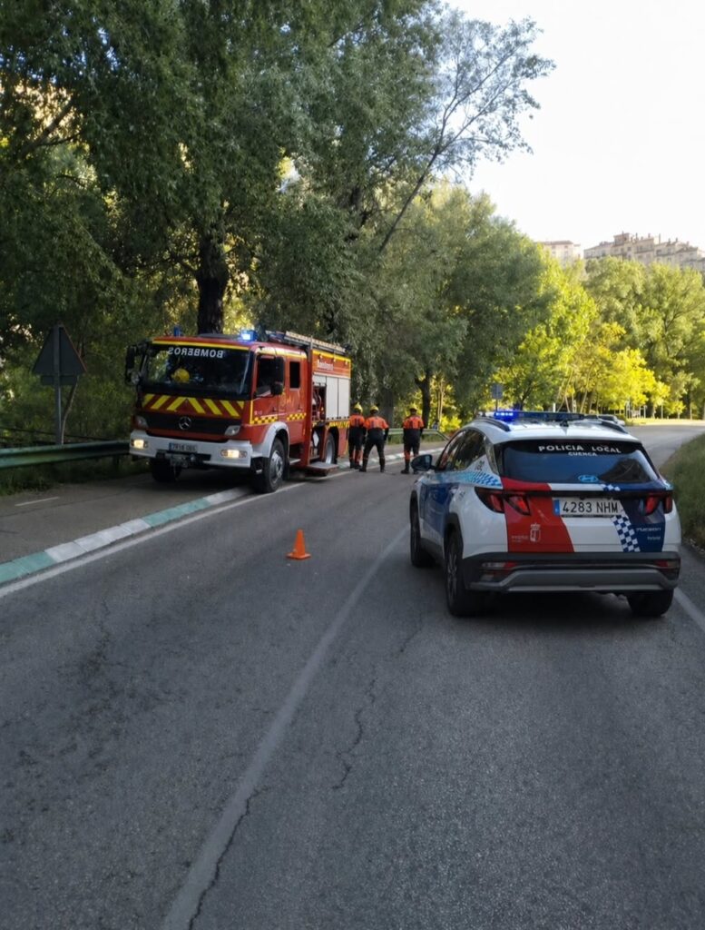 Susto en la carretera de Villalba de la Sierra: Policía y Bomberos despejan una rama caída junto al Recreo Peral