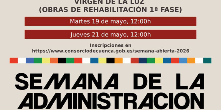 El Consorcio Ciudad de Cuenca celebra la Semana de la Administración Abierta con visitas guiadas a la Iglesia de la Virgen de la Luz 1 El Consorcio de la Ciudad de Cuenca celebra estos días la Semana de la Administración Abierta con dos visitas guiadas a la Iglesia de la Virgen de la Luz, cuyas obras de rehabilitación está ejecutando esta entidad en distintas fases a petición del Ayuntamiento de Cuenca. La primera de las visitas tiene lugar esta misma mañana de martes 19 de mayo, a las 12:00 horas, mientras que la segunda está prevista para este jueves 21 de mayo también a las 12:00 horas. La reserva de plazas para participar, pues el aforo es limitado, puede hacerse a través del enlace: https://www.consorciodecuenca.gob.es/semana-abierta-2026/visita-iglesia-virgen-luz-obras-2026 El acto consiste en una visita guiada por el exterior y por el interior del edificio, con una duración total aproximada de una hora y media, explicando con una presentación el alcance de la primera fase de las obras de rehabilitación.