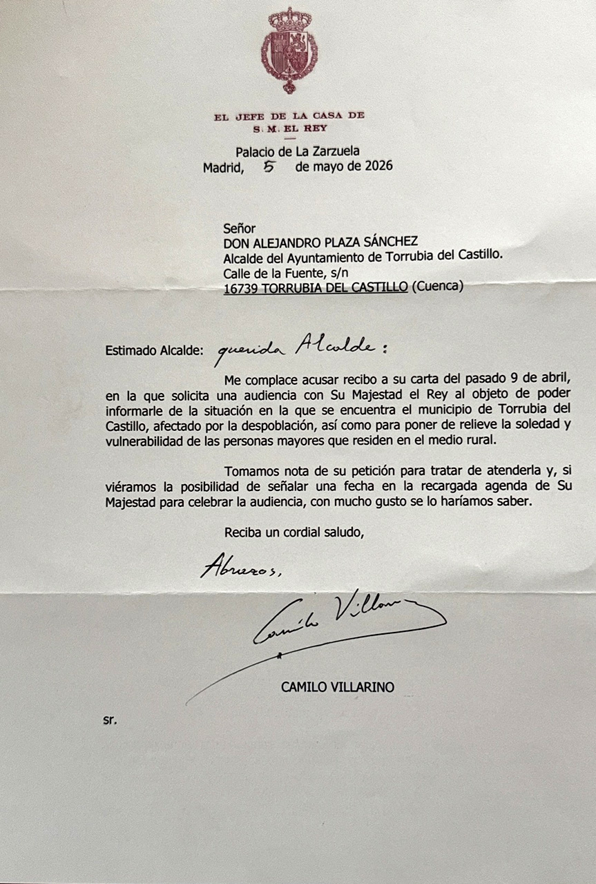 El alcalde de Torrubia del Castillo solicita audiencia al Rey para denunciar el abandono del mundo rural y de sus mayores