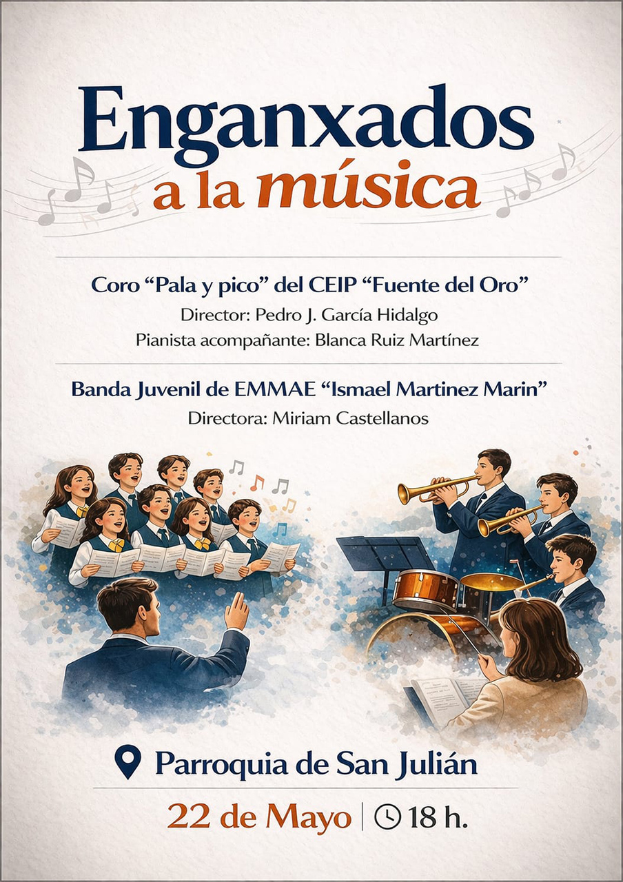 Sesenta jóvenes músicos de Cuenca se unen para inaugurar las fiestas de la Fuente del Oro 2 El próximo viernes 22 de mayo, a las 18:00 horas, la parroquia de San Julián acogerá el concierto "Enganchados a la música". Este evento servirá como pistoletazo de salida a las fiestas del barrio de la Fuente del Oro. Sobre el escenario se darán cita sesenta participantes: treinta alumnos de cuarto, quinto y sexto de primaria que conforman el Coro "Pala y Pico" del colegio del barrio, junto a otra treintena de integrantes de la Banda Juvenil de la Escuela Municipal de Música y Artes Escénicas (EMMAE) "Ismael Martínez Marín".La actuación es el resultado de muchos meses de ensayo y coordinación entre ambos centros educativos. El maestro Pedro J. García Hidalgo dirigirá al coro, que contará con el acompañamiento al piano de la profesora Blanca Ruiz Martínez, para interpretar un repertorio que abarca desde canciones populares de E. Toldrá hasta piezas de Josu Elberdín y Mei Nakabayashi. Por su parte, la Banda Juvenil actuará bajo la batuta de Miriam Castellanos con obras de Ferrán, Vangelis y James Horner. El recital culminará con la unión de ambas agrupaciones para interpretar "La maleta invisible", de María José Belenguer, y la pieza que da nombre al evento, "Enganxados a la música", de Teo Aparicio Barberán.A lo largo del último año, desde las páginas de Liberal de Castilla hemos hecho seguimiento de cómo la actividad de la Escuela Municipal de Música ha ido extendiendo sus audiciones y conciertos por diferentes espacios de la capital, más allá de sus instalaciones habituales. Este recital conjunto confirma esa evolución. La iniciativa no solo enriquece la programación festiva de la Fuente del Oro, sino que consolida un modelo cultural que conecta directamente a las agrupaciones municipales con los colegios de los barrios, creando cantera y dinamizando la vida comunitaria en Cuenca.