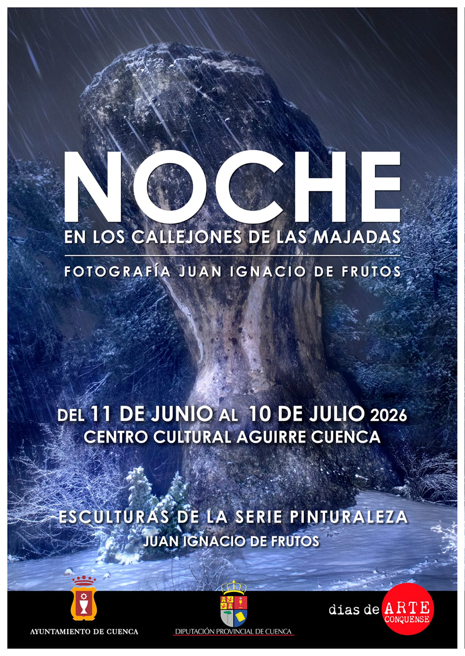 El Centro Cultural Aguirre acoge la exposición ‘Noche en los Callejones de Las Majadas’, de Juan Ignacio de Frutos 2 La sala de exposiciones del Centro Cultural Aguirre acoge desde este jueves 11 de junio y hasta el día 10 de abril la exposición del diseñador gráfico, escultor y fotógrafo Juan Ignacio de Frutos, reconocido a nivel nacional, titulada ‘Noche en los Callejones de Las Majadas’ dentro del proyecto ‘Días de Arte Conquense’ de la Concejalía de Cultura del Ayuntamiento de Cuenca, con la edil María Ángeles Martínez a la cabeza, y coordinado por Carlos Codes.
Con más de treinta años de oficio, el artista nos ofrece un trabajo fotográfico muy personal en el que muestra un espacio natural de la Serranía de Cuenca lleno de belleza e interés, tanto desde el punto de vista geológico como artístico.
Según explica el propio Juan Ignacio de Frutos:
Esta exposición es el resultado de la colaboración entre el artista y la naturaleza. Mi labor como fotógrafo ha sido trabajar de noche sobre esas formaciones calizas mediante el uso de la luz como herramienta creativa.
La experiencia es tremendamente sensorial. Adentrarte en un bosque de noche agudiza nuestro oído, el olfato y nos desconecta del mundo relativamente seguro y conocido que es el día con su luz. Es en ese momento cuando la imaginación abre sus puertas y comienza el proceso de crear imágenes sin apenas ver la escena que estamos pintando.
Cada fotografía es única e irrepetible, ya que es imposible iluminar dos veces la misma escena del mismo modo, con el mismo tiempo en cada parte de la imagen y desde el mismo ángulo. Esto hace el trabajo mucho más interesante. No pretendo mostrar los Callejones de noche, quiero compartir una noche en los Callejones desde un muy subjetivo punto de vista.
Además, en esta exposición también se pueden ver esculturas de la serie ‘Segunda vida’ realizadas con madera policromada.
Y ahora, adentrémonos en la NOCHE.INAUGURACIÓN: jueves 11 de junio de 2026 a las 20:00 horas
HORARIO: de lunes a viernes de 9:00 a 14:00 y de 17:00 a 21:00 horas