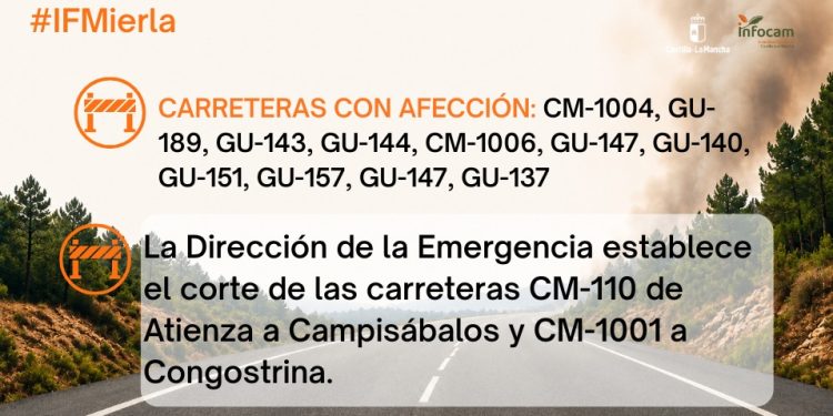Cortan al tráfico las carreteras CM-110 y CM-1001 por el avance del incendio de La Mierla en Guadalajara Cortan al tráfico las carreteras CM-110 y CM-1001 por el avance del incendio de La Mierla en Guadalajara
