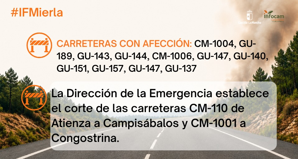 Cortan al tráfico las carreteras CM-110 y CM-1001 por el avance del incendio de La Mierla en Guadalajara 1 Cortan al tráfico las carreteras CM-110 y CM-1001 por el avance del incendio de La Mierla en Guadalajara