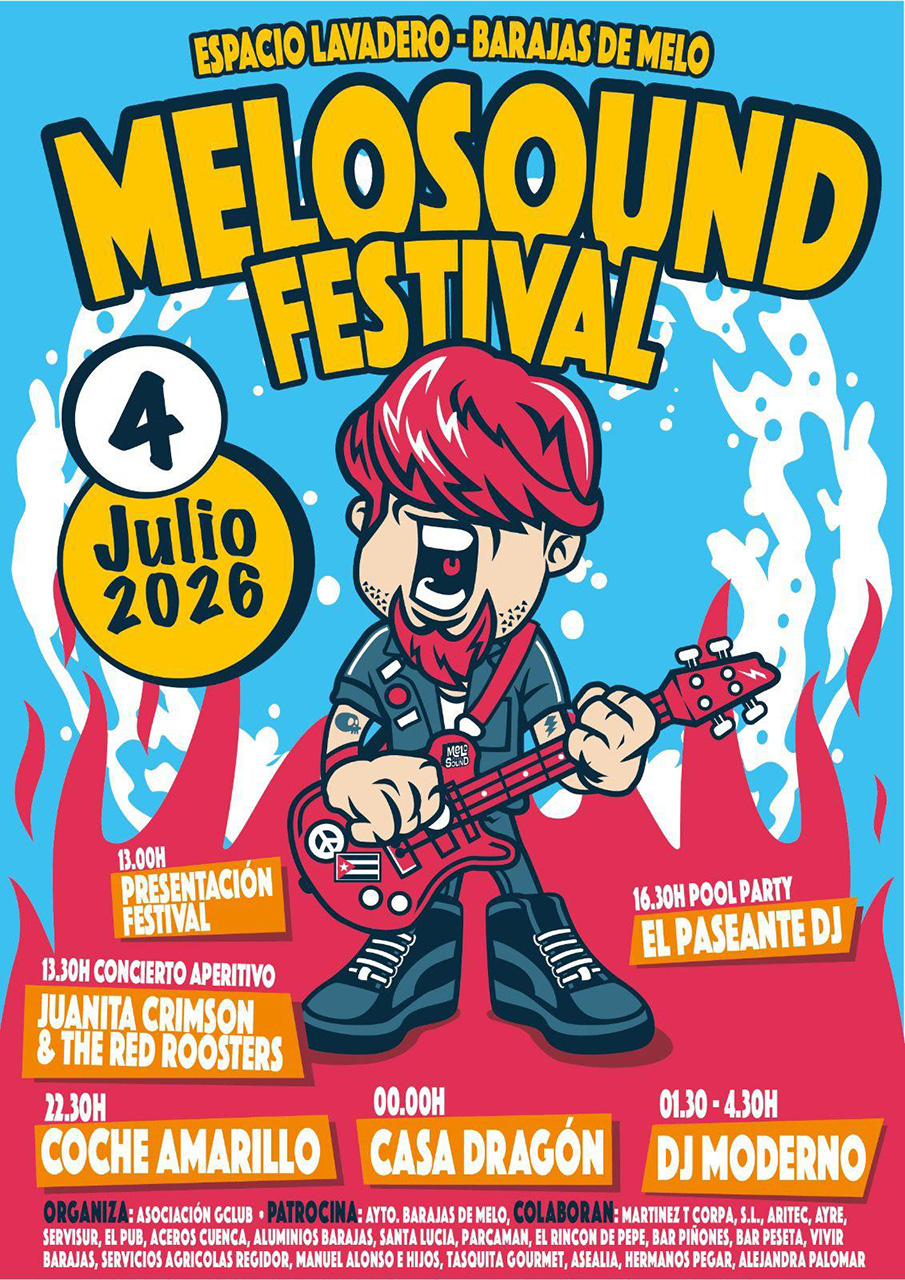 El Melosound Festival consolida a Barajas de Melo como motor cultural gratuito este sábado 4 de julio 2 El municipio conquense de Barajas de Melo celebrará este sábado 4 de julio la decimotercera edición del Melosound Festival, un evento gratuito que transformará el Espacio Lavadero y la piscina municipal en el epicentro de la música en directo de la comarca. La Asociación GClub, en colaboración con el Ayuntamiento y numerosos empresarios locales, organiza esta jornada ininterrumpida que comenzará a las 13:00 horas. Según Ángel García, presidente de la asociación, el objetivo principal es fomentar la convivencia entre vecinos y visitantes mientras se impulsa la economía y el turismo de la zona mediante una oferta de ocio accesible para todas las edades.Programación y artistas invitados
El cartel de esta decimotercera edición combina talento local con bandas de diversos puntos del país, ofreciendo una variedad de géneros musicales en diferentes horarios y escenarios:Juanita Crimson & The Red Rooster abrirán a las 13:30 horas con un concierto aperitivo, liderados por la artista barajeña Raquel Alcalde junto a músicos de la escena madrileña y londinense.Elpaseantedj amenizará la 'Poolparty' en la piscina municipal desde las 16:30 horas, adaptando su repertorio de indie, pop y electrónica a la energía del público.El Coche Amarillo subirá al escenario principal a las 22:30 horas para mezclar temas propios de pop-rock con versiones de grupos emblemáticos como Extremoduro o El Canto del Loco.Casa Dragón tomará el relevo a medianoche aportando ritmos contundentes y letras originales que incluso dedican un tema al censo del municipio conquense.DJ Moderno cerrará la jornada a partir de las 01:30 horas con sus conocidos mashups, regresando al festival tras su éxito en la edición anterior y su paso por citas nacionales como el FIB o Sonorama.Apoyo del tejido empresarial
La viabilidad de este festival de acceso libre depende directamente del patrocinio de la iniciativa privada. Más de quince empresas, comercios y establecimientos de hostelería de Barajas de Melo han aportado recursos para garantizar el desarrollo de la jornada. Desde la organización subrayan que este respaldo demuestra cómo las actividades culturales son percibidas por los pequeños empresarios como una herramienta clave para dinamizar económicamente el municipio, invitando a toda la comarca a participar.Evolución y arraigo en la comarca
Consultando la hemeroteca de Liberal de Castilla, se observa cómo las iniciativas musicales en la provincia de Cuenca han evolucionado para convertirse en un elemento fundamental contra el declive demográfico durante la época estival. El Melosound Festival ejemplifica esta trayectoria ascendente. Lo que en sus primeras ediciones nació como un encuentro vecinal en el entorno del Espacio Lavadero, hoy exige la movilización de toda la infraestructura del municipio y el apoyo unánime del comercio local.Esta madurez demuestra una profesionalización progresiva sin perder el carácter cercano y rural. La inclusión de artistas barajeños en el cartel principal, compartiendo protagonismo con músicos que habitualmente giran por la geografía española, confirma que Barajas de Melo ha encontrado un modelo cultural sostenible. El evento ya no se concibe únicamente como una fiesta de verano, sino como un proyecto consolidado que fideliza a visitantes de Cuenca y Guadalajara, aportando valor real y recurrente a la agenda de la región.
