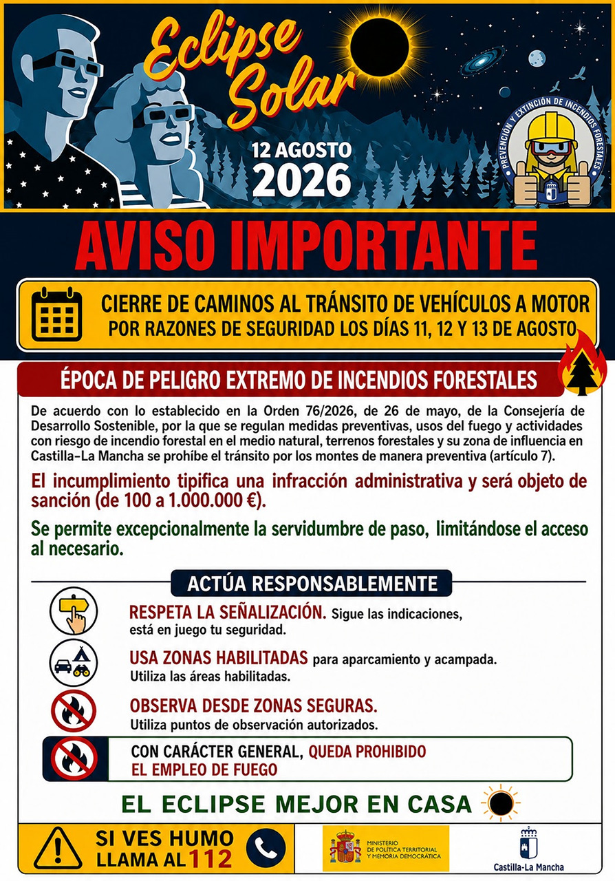 Huete restringe el acceso a sus caminos municipales y pistas forestales por el eclipse solar Huete restringe el acceso a sus caminos municipales y pistas forestales por el eclipse solar