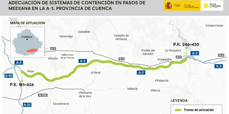Transportes licita la adecuación de los sistemas de contención de vehículos en 20 pasos de la mediana en 65 km de la A-3