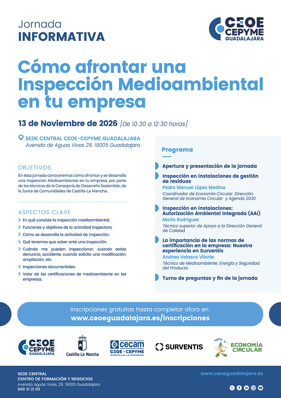 CEOE-Cepyme Guadalajara formará a las empresas para afrontar inspecciones ambientales y tramitar la Autorización Integrada CEOE-Cepyme Guadalajara formará a las empresas para afrontar inspecciones ambientales y tramitar la Autorización Integrada