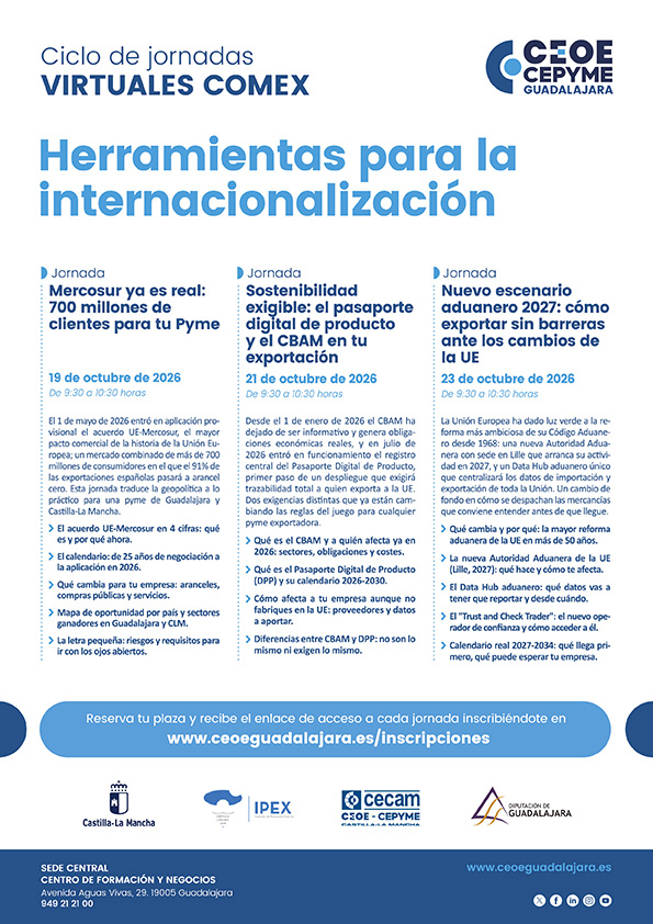 CEOE-Cepyme Guadalajara organiza tres jornadas virtuales para impulsar la exportación de las empresas de la provincia CEOE-Cepyme Guadalajara organiza tres jornadas virtuales para impulsar la exportación de las empresas de la provincia