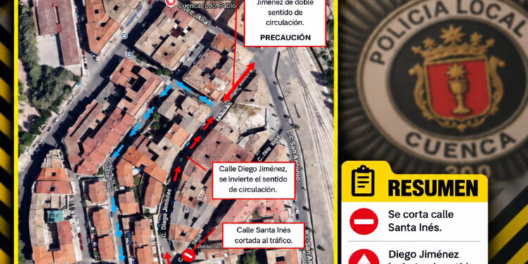 Corte de tráfico en Santa Inés e inversión de sentido en Diego Jiménez este martes por obras en Cuenca Corte de tráfico en Santa Inés e inversión de sentido en Diego Jiménez este martes por obras en Cuenca