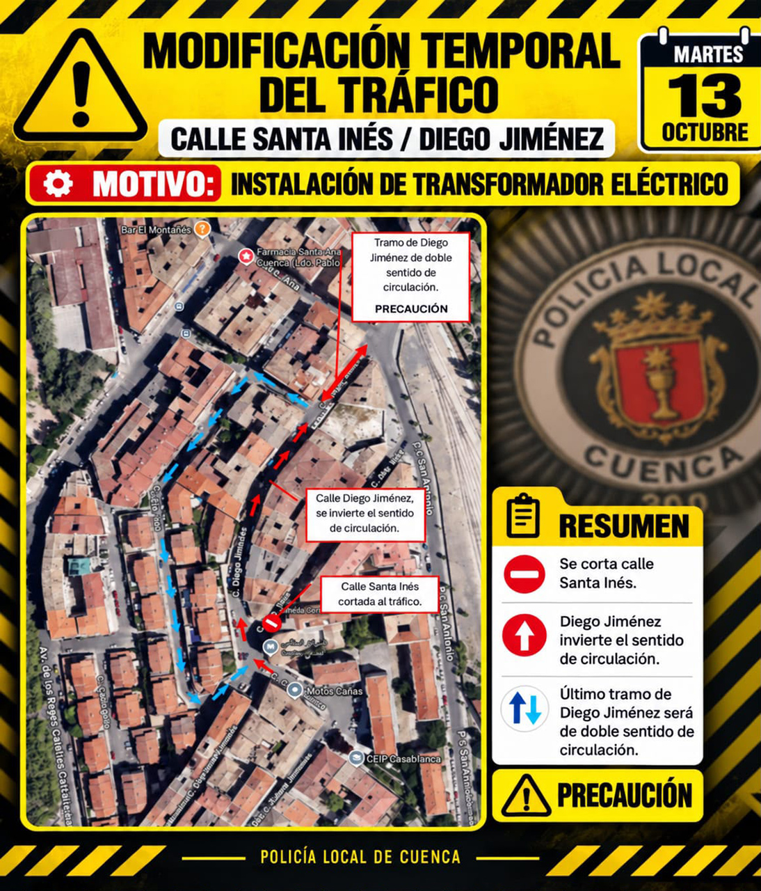 Corte de tráfico en Santa Inés e inversión de sentido en Diego Jiménez este martes por obras en Cuenca Corte de tráfico en Santa Inés e inversión de sentido en Diego Jiménez este martes por obras en Cuenca