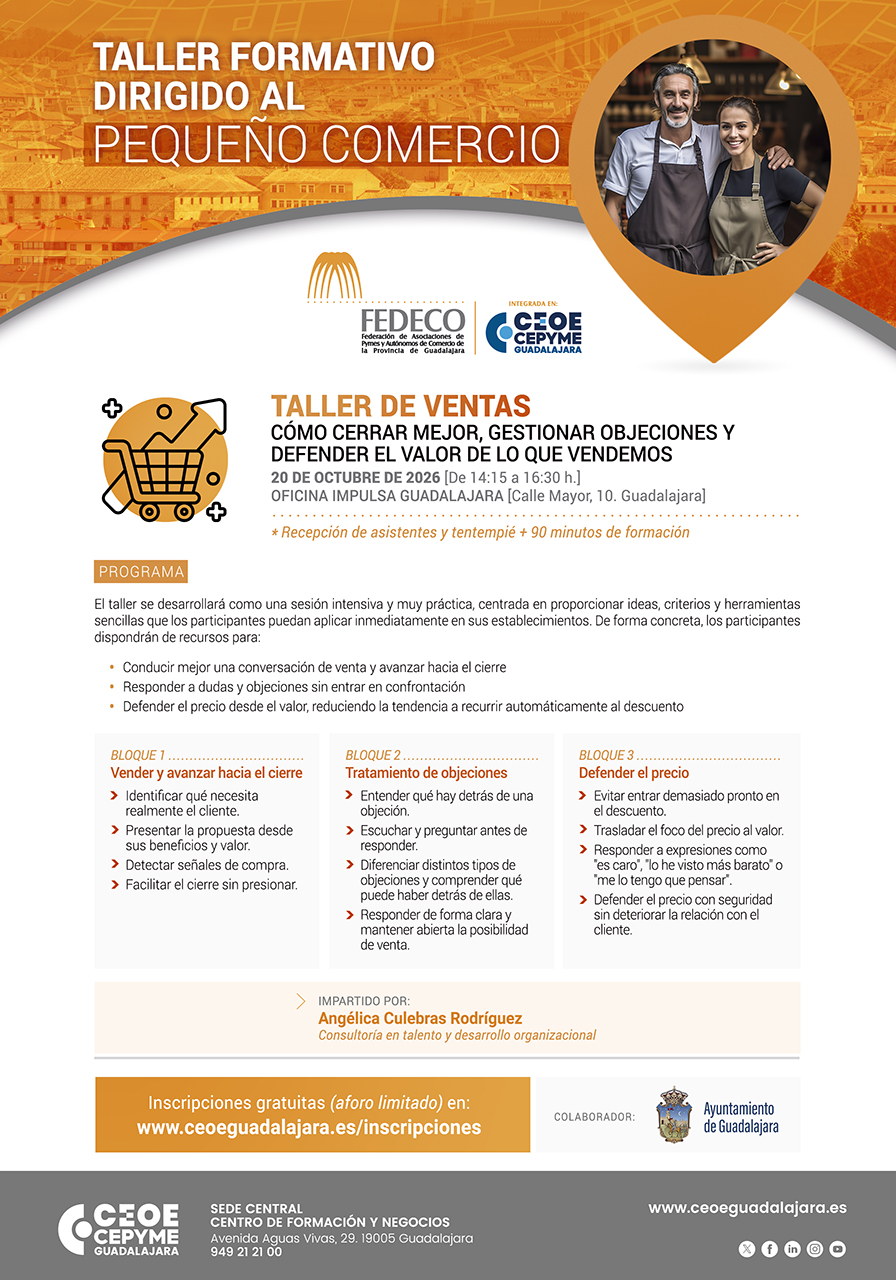 Fedeco y el Ayuntamiento forman gratis al pequeño comercio de Guadalajara en técnicas de venta Fedeco y el Ayuntamiento forman gratis al pequeño comercio de Guadalajara en técnicas de venta