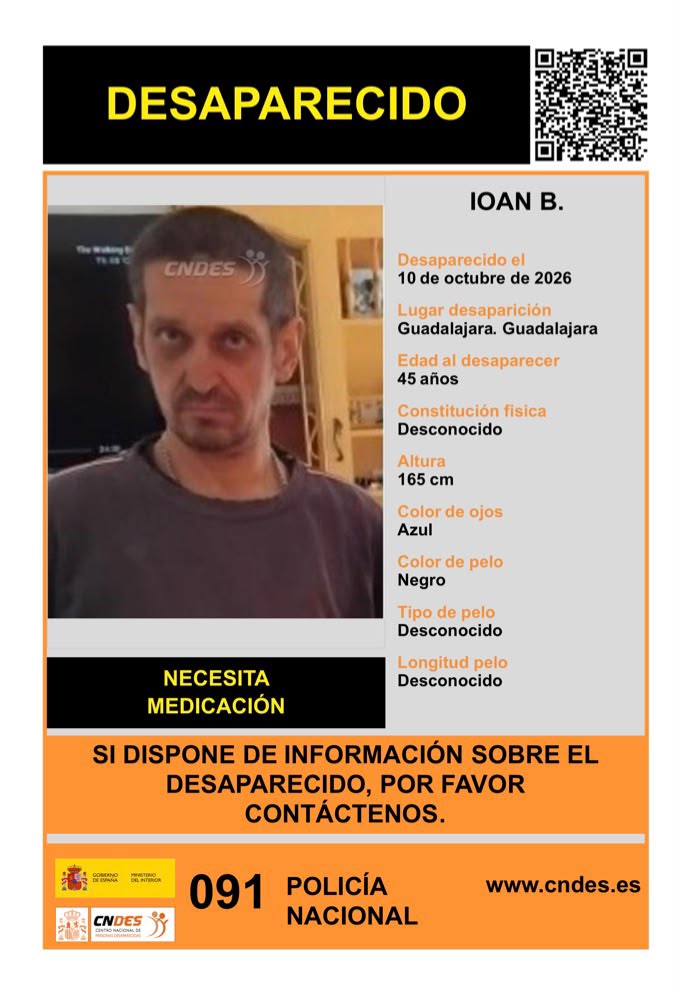 La Policía Nacional pide ayuda ciudadana para localizar en Guadalajara a Ioan B., un hombre de 45 años que necesita medicación La Policía Nacional pide ayuda ciudadana para localizar en Guadalajara a Ioan B., un hombre de 45 años que necesita medicación
