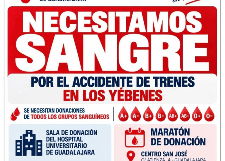 Llamamiento urgente a la donación de sangre en Guadalajara por el accidente de tren en Toledo: puntos y horarios