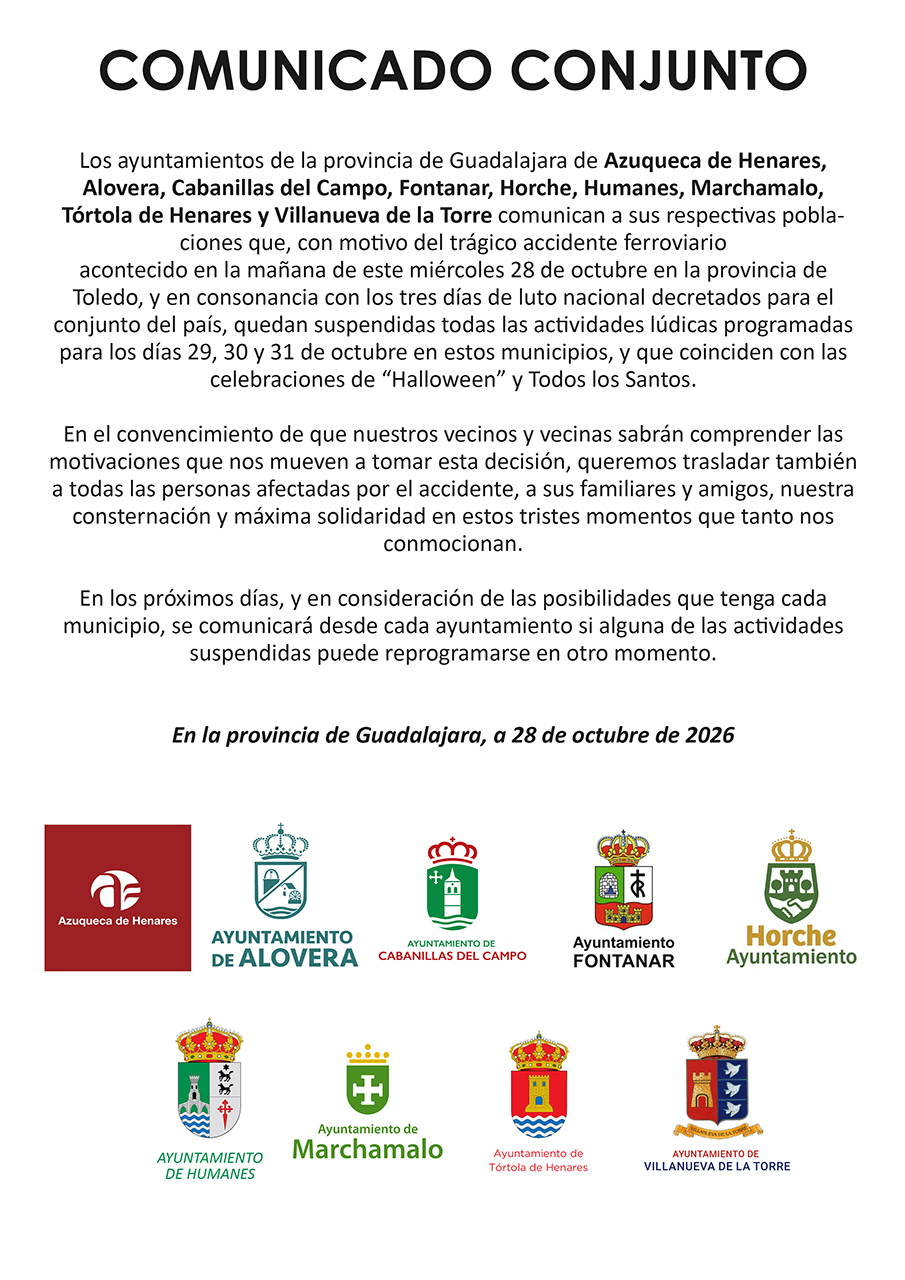 Nueve municipios de Guadalajara suspenden todos los actos de Halloween por el luto oficial del accidente de tren en Toledo Nueve municipios de Guadalajara suspenden todos los actos de Halloween por el luto oficial del accidente de tren en Toledo